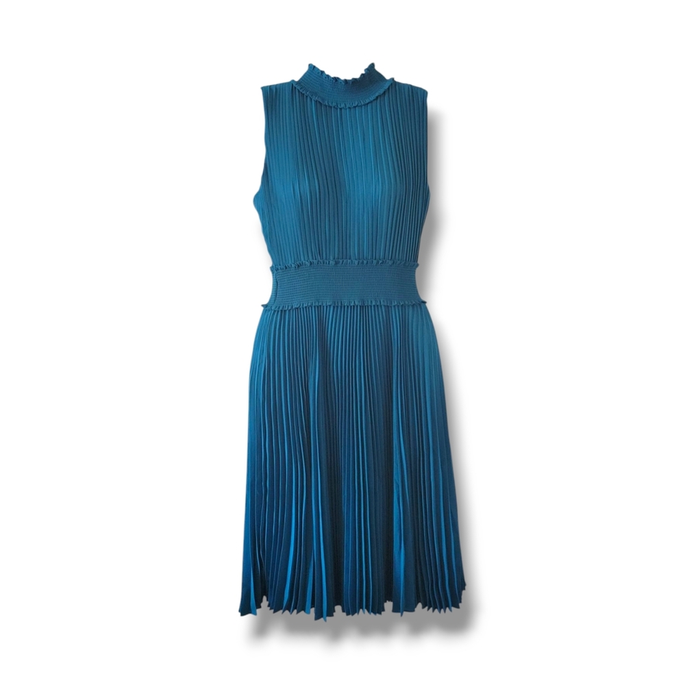 Nanette Lepore | Elegant Teal Sleeveless Smocked High Neck Pleated Dress